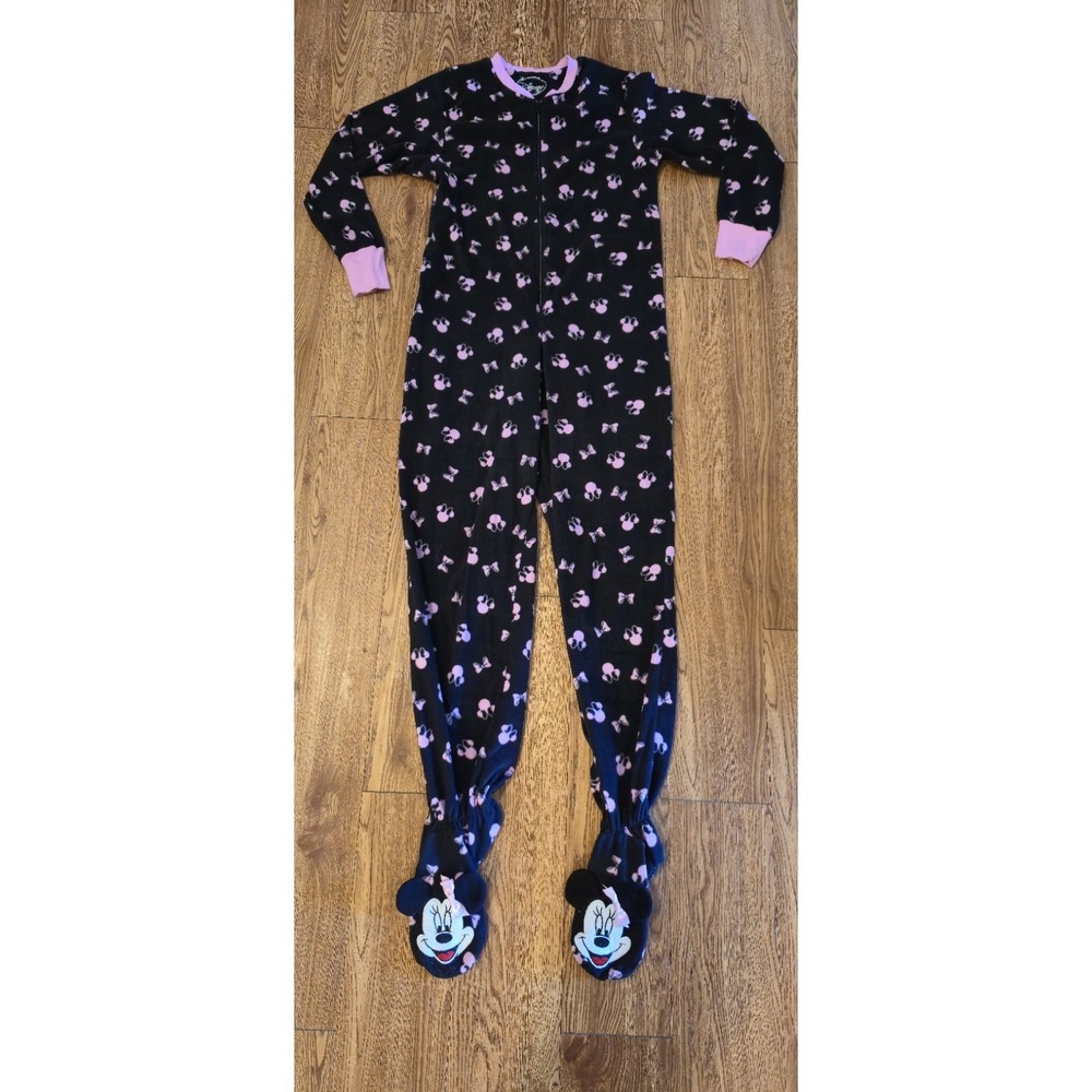 Disney Minnie Mouse Footed Fleece Pajamas Womens M Pink Black One Piece Zip